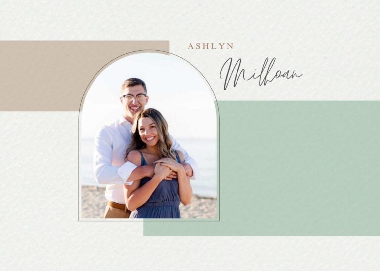 Bride-to-be Ashlyn Milhoan smiling as she stands on the beach with her partner embracing her from behind, framed in an arch-style graphic design for Twirl Bride.