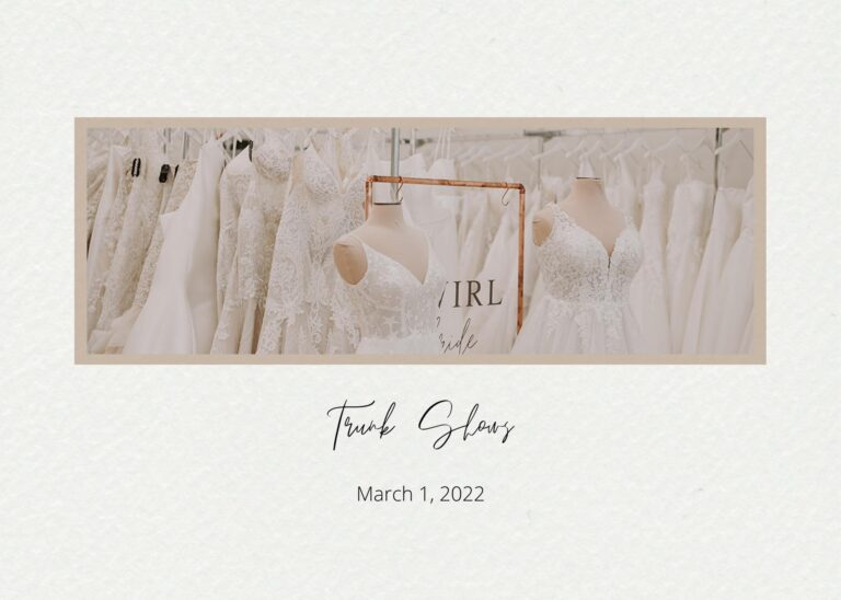 Display of lace and satin wedding dresses on mannequins and racks inside Twirl Bride’s showroom, featured in the boutique’s Trunk Shows blog post.