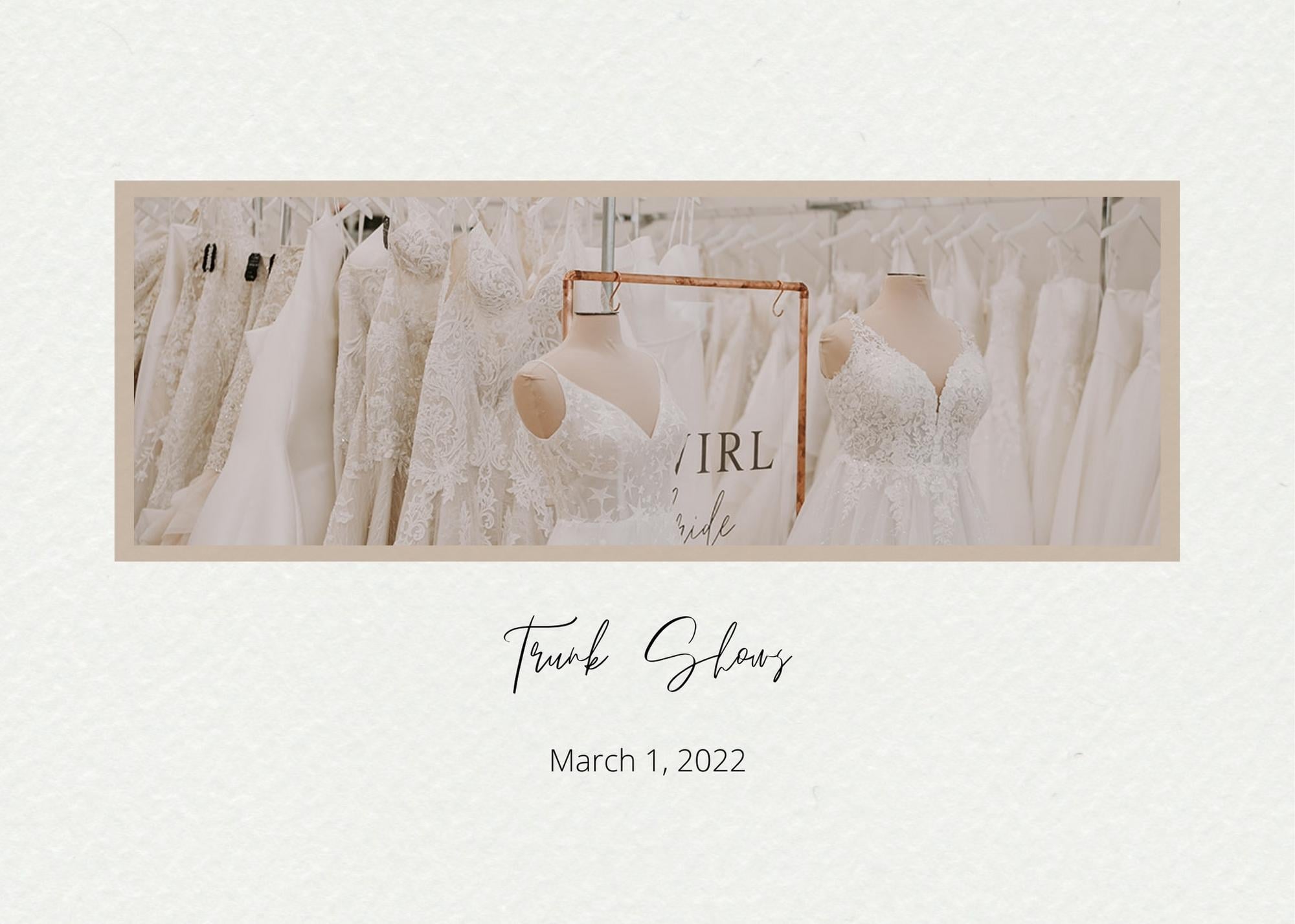 Display of lace and satin wedding dresses on mannequins and racks inside Twirl Bride’s showroom, featured in the boutique’s Trunk Shows blog post.