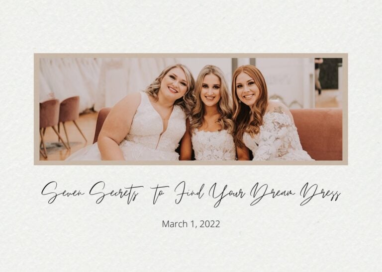 Three brides in lace wedding gowns sitting together and smiling inside Twirl Bride’s showroom, featured in the ‘Seven Secrets to Find Your Dream Dress’ blog post.