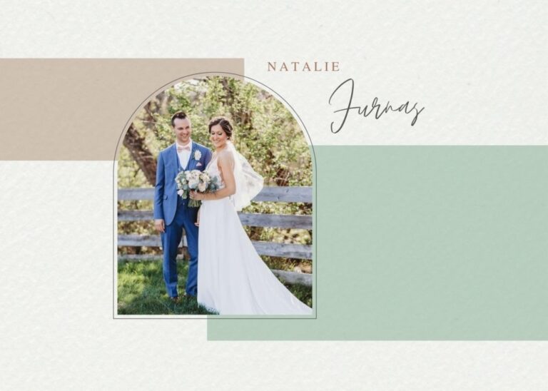 Bride Natalie Furnas standing beside her groom in an outdoor setting, wearing a sleeveless chiffon gown with a long train and holding a blush bouquet, framed by a modern arch-style graphic design.