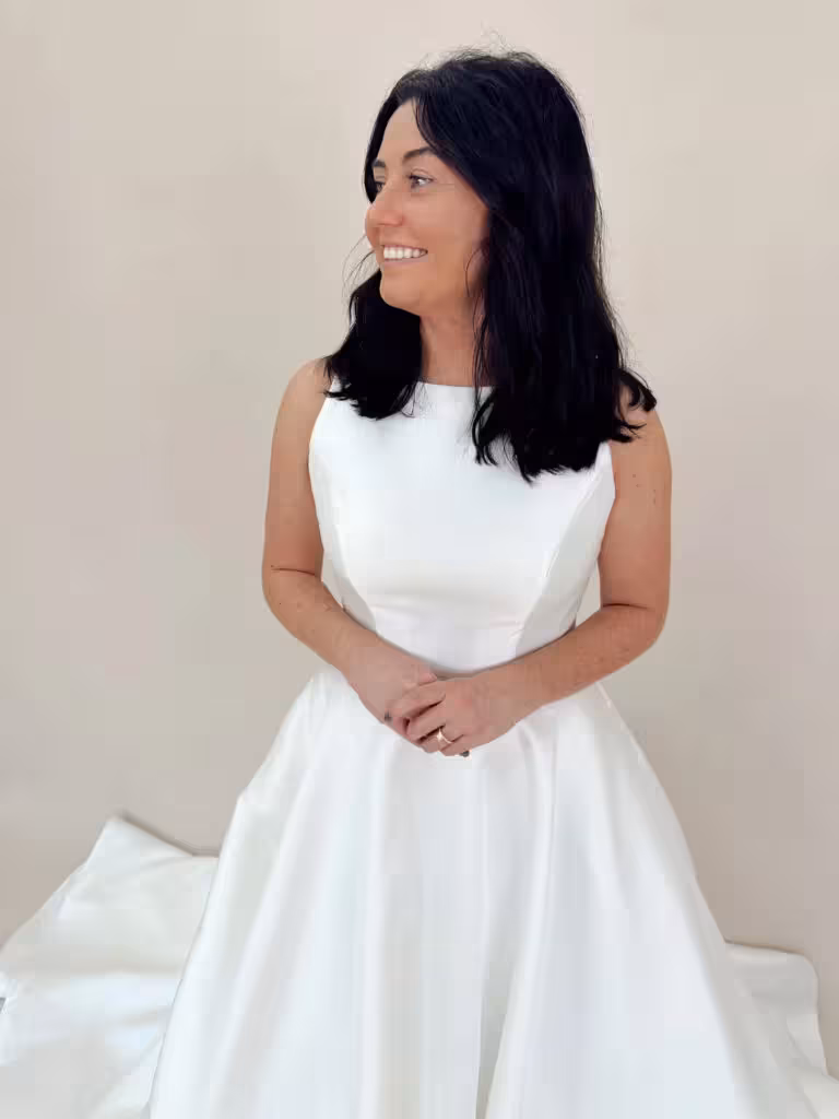 classic satin a line wedding dress with high neckline