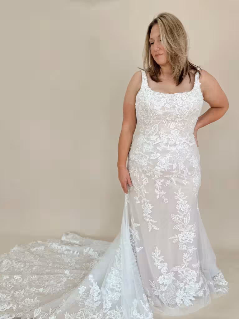 lace fit and flare wedding dress with scoop neckline