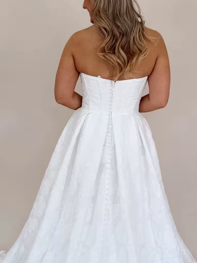 strapless jacquard wedding dress with back buttons