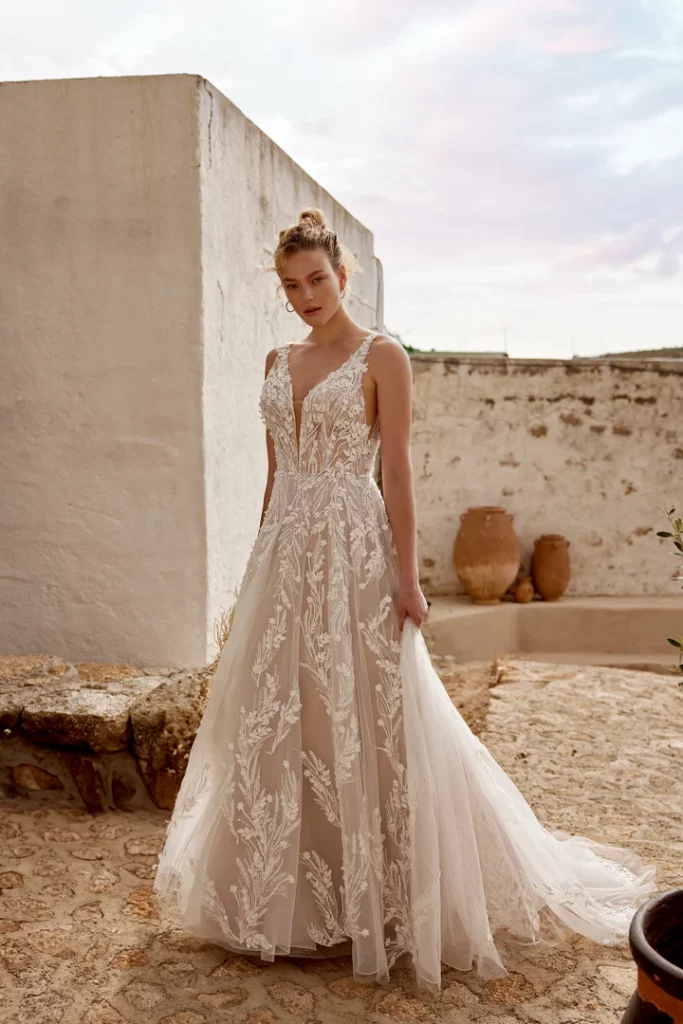 a line wedding dress with beading lace