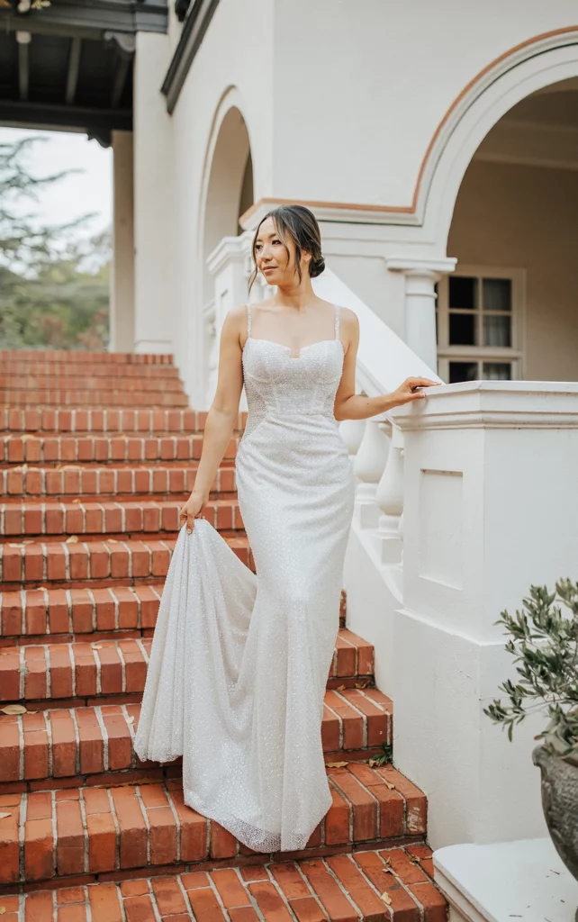 beaded sheath wedding dress with spaghetti straps