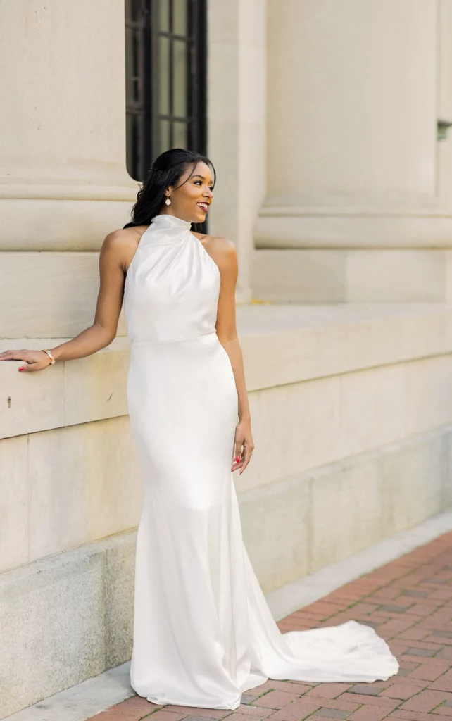 halter neck satin sheath wedding gown