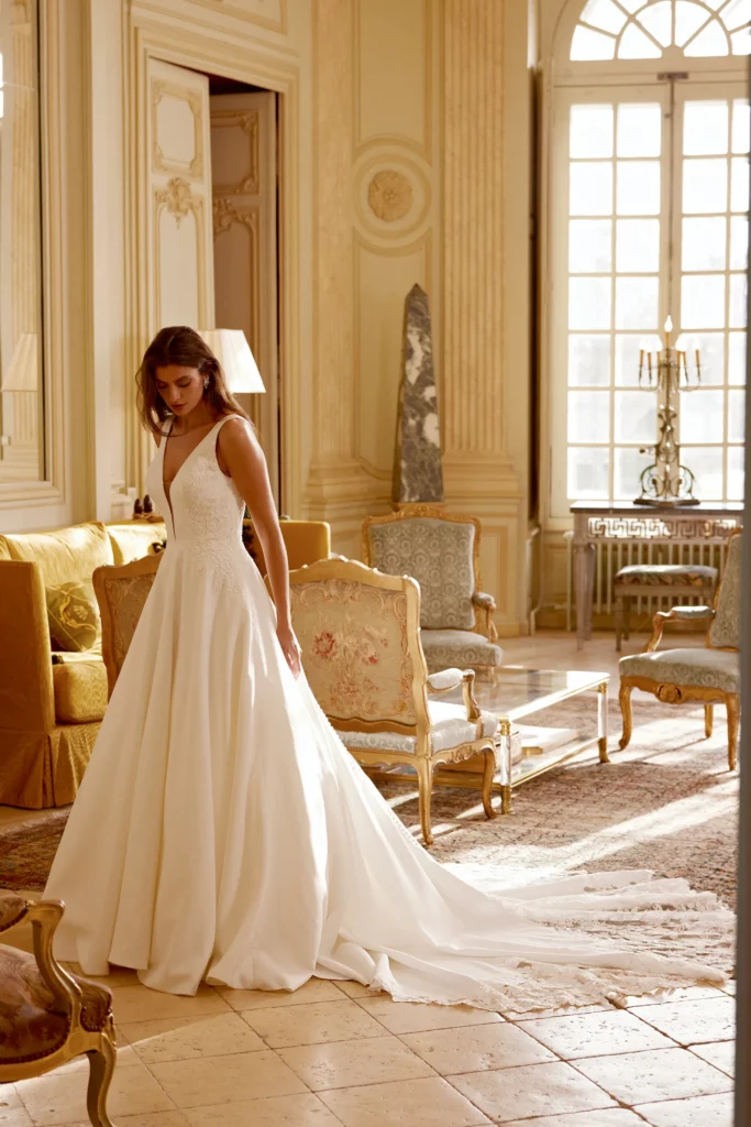 v neck satin ballgown