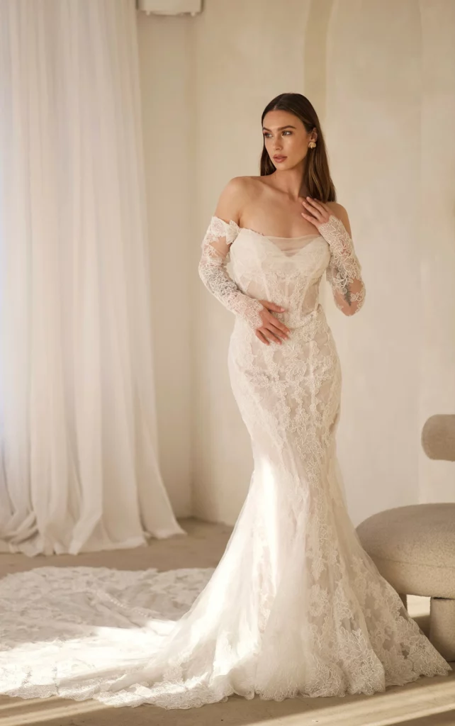 long sleeve lace wedding dress with sweetheart neckline