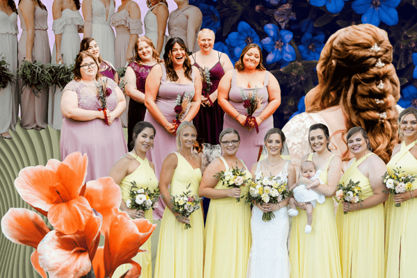 a collection of colors and dresses for 2026 wedding color trends