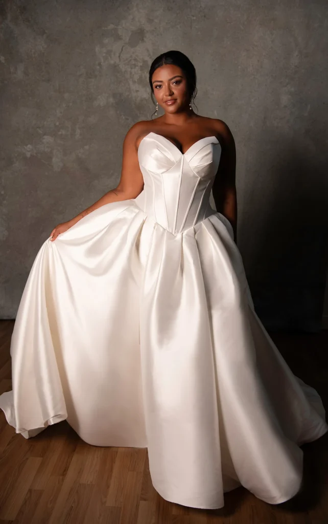 Form fitted drop waist ball gown wedding dress