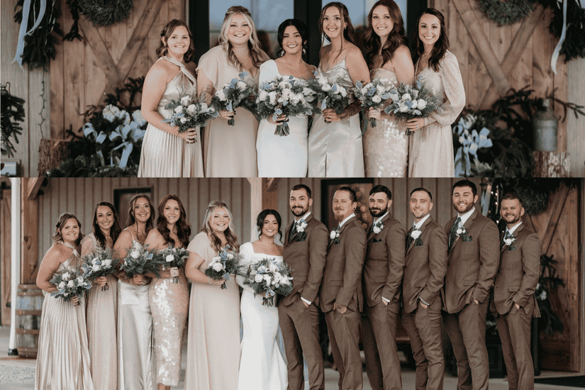 Bridal party poses in front of rustic wooden barn. Bridesmaids in soft, neutral gowns; groomsmen in brown suits. Joyful, elegant wedding scene.