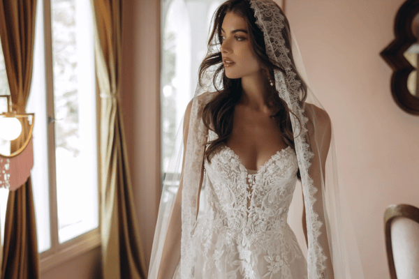 Bride wearing a lace wedding dress and veil in an elegant bridal setting.
